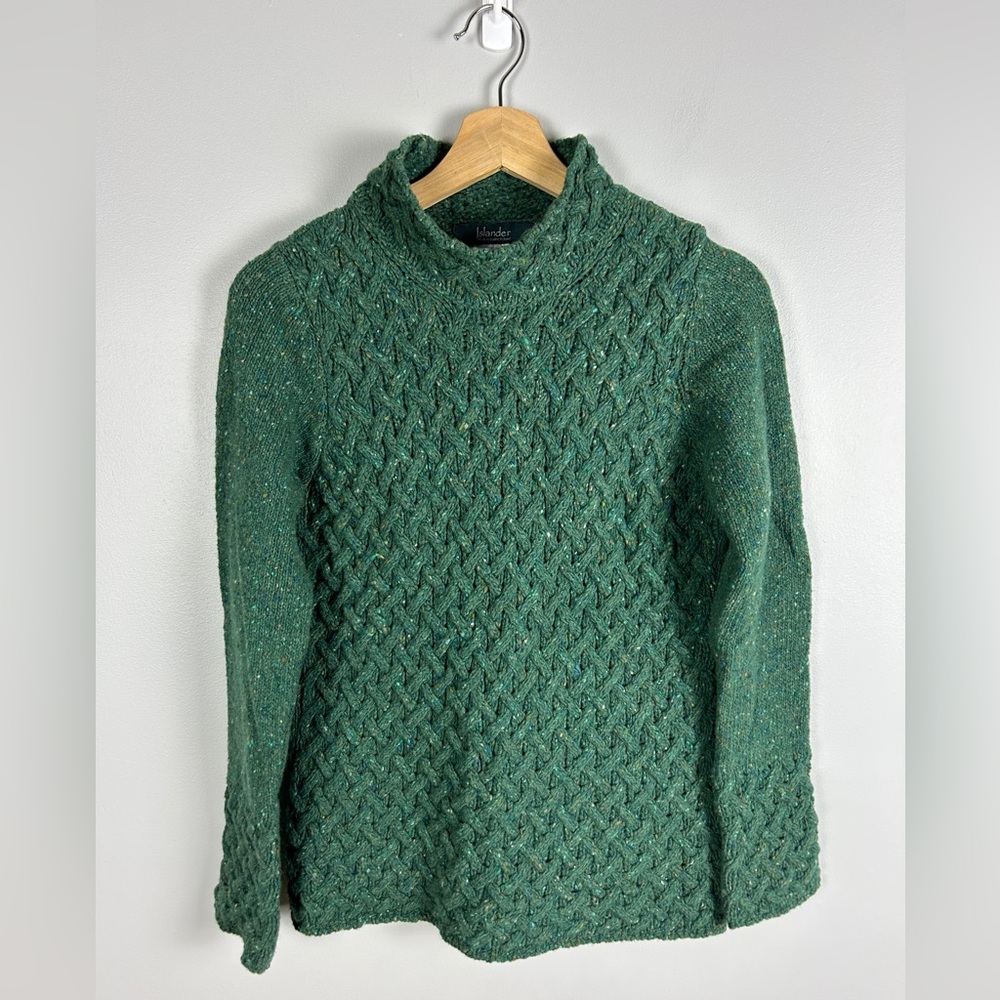 ISLANDER Irish Cable Knit Wool Cashmere Sweater Size Small Green Made in Ireland